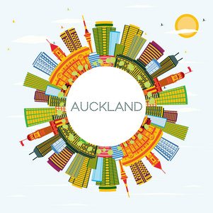 新西兰奥克兰城市天际线与彩色建筑蓝天和复制空间。 矢量图。 商业旅游和旅游理念与现代建筑。 奥克兰城市景观与地标。