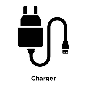 充电器图标矢量隔离在白色背景，标志概念充电器标志在透明背景，填充黑色符号
