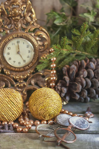 s decor. Retro clock with old fashioned christmas tree decoratio