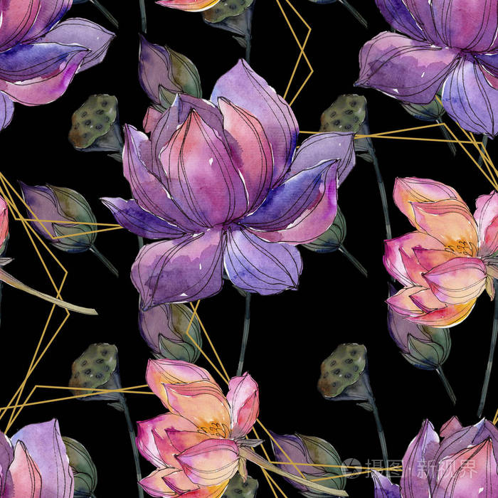 水彩彩色莲花. 花卉植物花. 无缝背景图案. 织物壁纸印花纹理.