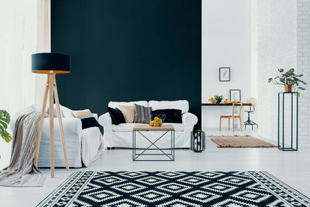 白色沙发与黑色墙壁在现代客厅内部与图案地毯。 真实照片