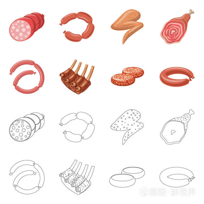肉类和火腿标志的孤立对象肉和烹调股票向量例证的集合