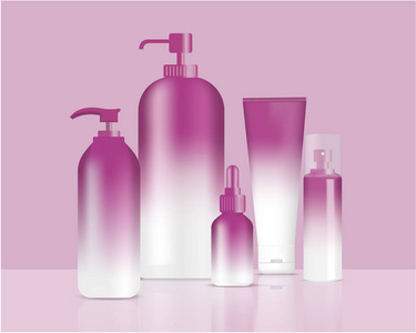 模拟逼真的紫色糊状瓶和滴管的护肤品设置背景