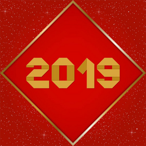 新年问候2019年，明亮的红色背景，闪闪发光的星星，金色的方形框架里有数字的金色灯光