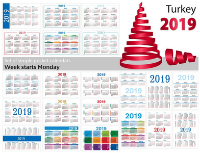 一套2019年两千19的简单袖珍日历。星期一开始。翻译自土耳其一月，二月，三月，四月，五月，六月，七月，八月，九月，十月