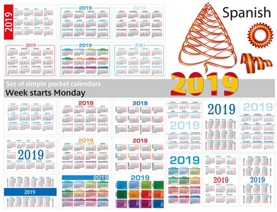 一套2019年两千19的简单袖珍日历。星期一开始。西班牙文译本一月二月三月四月五月六月七月八月九月十月