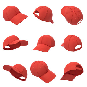 3d. 在不同角度上挂在白色背景上的许多红色棒球帽的渲染