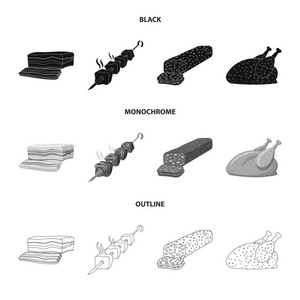 肉类和火腿标志的孤立对象。肉类和烹调股票的收集向量例证