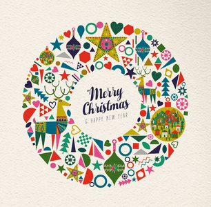 圣诞快乐和新年快乐节日民间艺术卡片插图。斯堪的纳维亚风格装饰图标，传统几何形状的节日色彩。EPS10矢量。