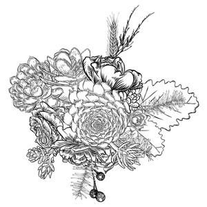 肉质植物仙人掌绿色植物的组成植物学绘图。 黑色白色手绘花束。 纹身的概念。 着色书页。 所有的花都是可编辑的。 矢量。