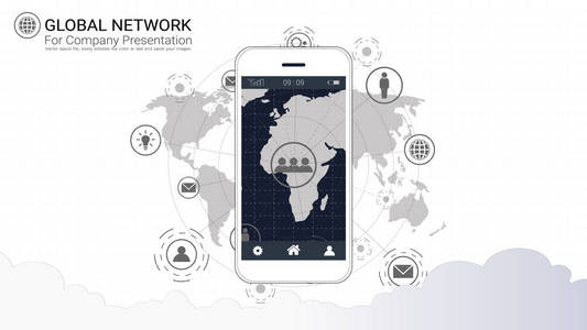 智能手机屏幕具有全球网络连接背景符号的国际通信，社交媒体和数字设备技术，跨越整个地球。