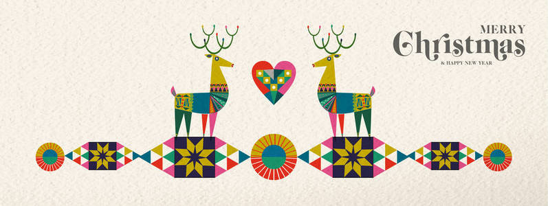 圣诞快乐和新年快乐横幅插图可爱的鹿在老式几何形状风格彩色寒假斯堪的纳维亚设计。 eps10载体。