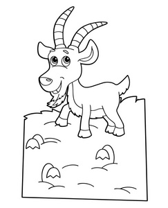 白色背景矢量着色页插图中带有快乐山羊的卡通场景