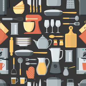 无缝矢量模式。厨房背景。炊具和厨房用具。无缝的厨房矢量背景与图标