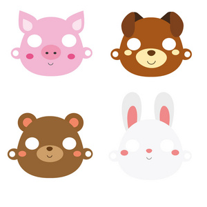 动物纸面具。 猪兔熊和狗面具用于聚会或照片和视频聊天。