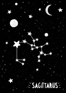黑色肮脏的背景. 黑白星星和月亮. 幼稚的风格. 星空与蒙恩和行 ..