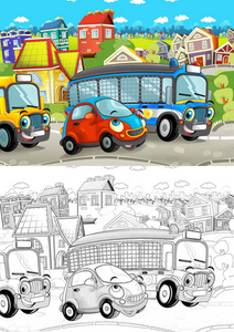 卡通场景，不同的汽车在城市街道上驾驶，小型汽车和校车，为儿童提供艺术着色页面插图。