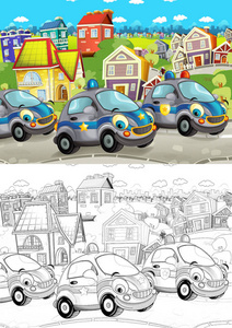 卡通场景与不同的汽车驾驶在城市街头警察与艺术着色页插图儿童