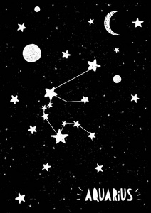 黑色肮脏的背景. 黑白星星和月亮. 幼稚的风格. 星空与蒙恩和行星.