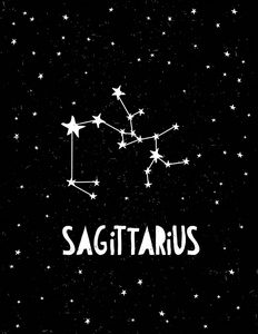 射手座的象征. 手绘生肖矢量插图. 星空背景. 黑白幼稚的风格设计.