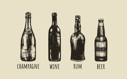 朗姆酒, 啤酒, 香槟, 葡萄酒素描画