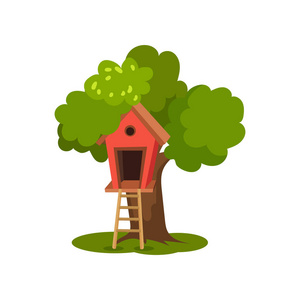 树房子, 木小屋在绿色树与梯子为孩子户外活动矢量插图白色背景照片