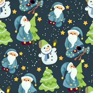 无缝圣诞图案矢量图形与可爱的桑塔和雪人与星星和云杉树。