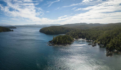在充满活力的夏日，岩石海岸的空中全景景观。 拍摄于加拿大不列颠哥伦比亚省北部温哥华岛。
