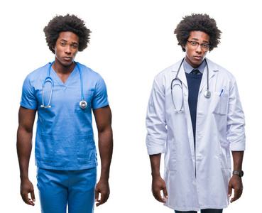 拼贴的非裔美国年轻外科医生护士医生男子对孤立的背景怀疑和紧张的皱眉不安，因为问题。 消极的人。