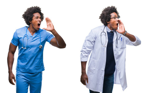 拼贴的非裔美国年轻外科医生护士医生男子在孤立的背景上大声喊叫和尖叫，手在嘴上。 交流概念。