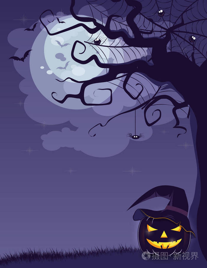 阴森森的森林里有枯树,南瓜和木桌. 木桌. 万圣节设计与南瓜