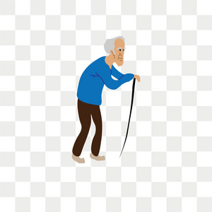 老男人用棍子走路。全长祖父在白色背景可爱的爷爷, 幸福的家庭概念, 平面卡通 de 矢量图标隔离在透明的背景下, 老男人走与棍子
