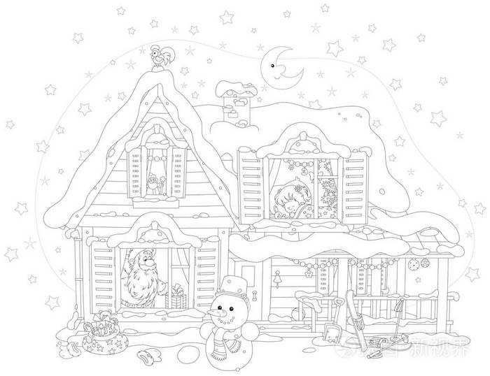 圣诞老人从一个覆盖着雪的屋顶上的烟囱里往外看