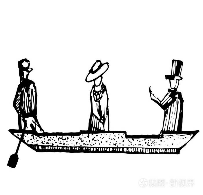 爱的夫妇女人和一个男人在船上威尼斯素描复古情人节快乐的情人矢量