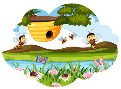 蜜蜂围绕蜂巢的场景插图照片