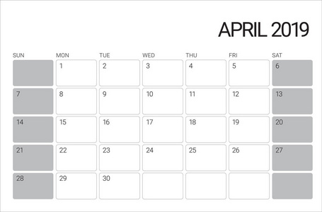 2019年4月案头日历矢量插图简单干净的设计。
