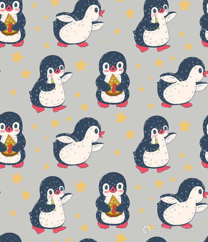 可爱企鹅的无缝图案.手绘插图.矢量.