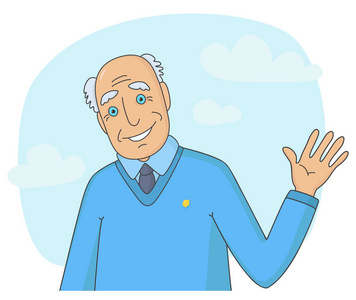 秃头,白发和蓝眼睛的老人微笑着,手在天空和云彩的背景上挥舞照片