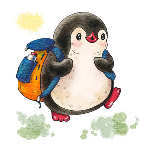插图与有趣的卡通企鹅与背包隔离在白色背景。 用水彩和墨水画。