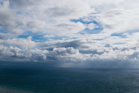 暴风雨的大海和天空。 雷鸣般的云彩和灰色的海洋。 野生自然黑暗戏剧背景。 色调和过滤的方形照片与复制空间。