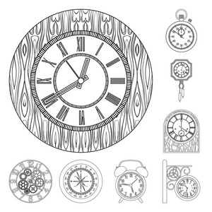 时钟和时间标识的矢量设计。网络时钟和圆圈股票符号的收集