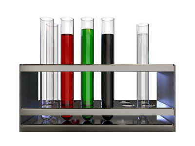 一套装有液体的试管。 3D渲染