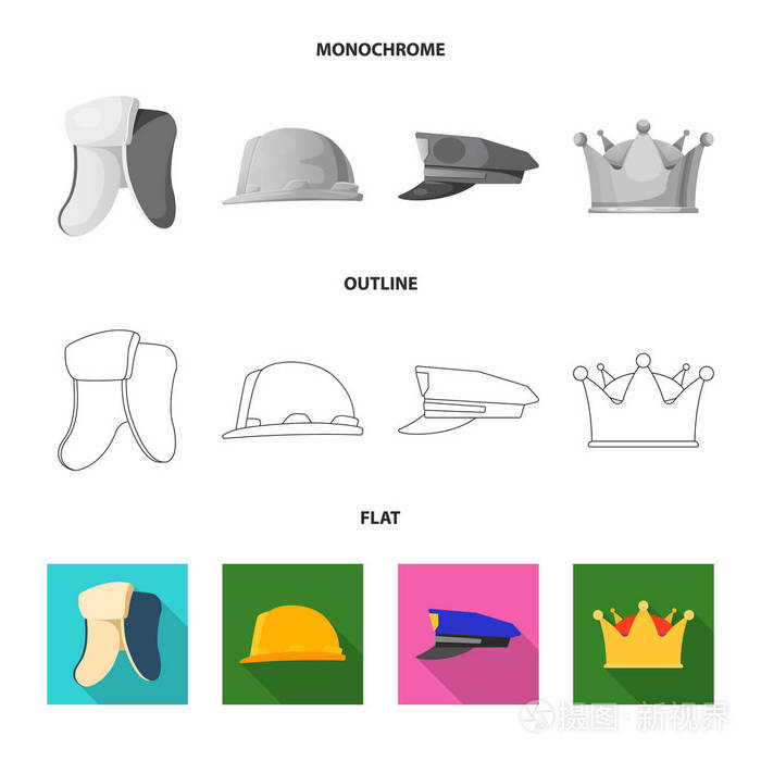 帽子和帽子标志的矢量插图。网站的头饰和附属股票符号集
