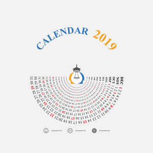 2019日历模板与想法灯泡图标。半圆日历。日历2019套12个月。每年日历矢量设计文具模板。新年快乐2019背景。矢量插图。