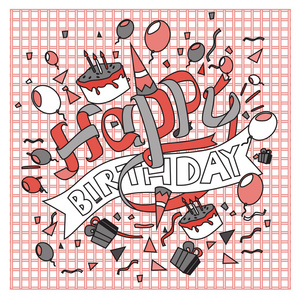 生日快乐排版矢量设计贺卡和海报与气球蛋糕纸屑和礼品盒设计模板生日庆祝。