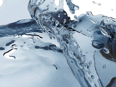 溅起蓝色闪闪发光的纯净水。 抽象的自然背景。 三维渲染图