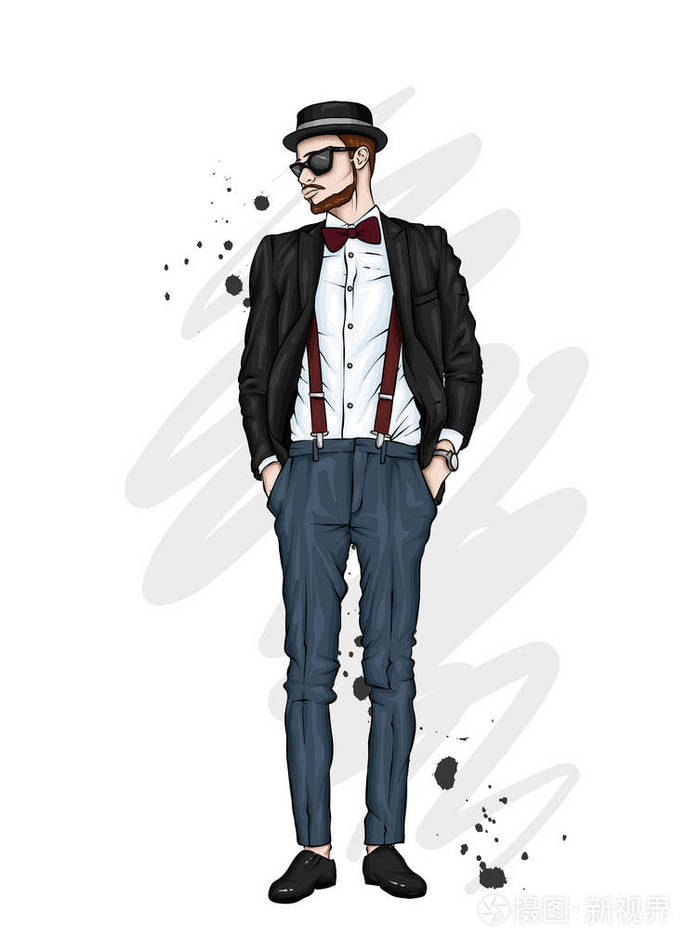 穿时髦衣服和帽子的帅哥.希普斯特.矢量图.