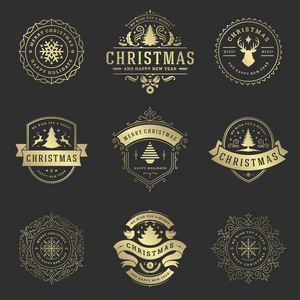 圣诞标签和徽章矢量设计元素集。圣诞快乐，新年快乐祝福复古排版装饰对象贺卡复古装饰。