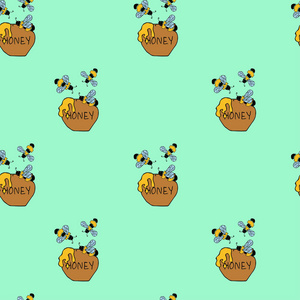 蜜蜂与蜂蜜无缝矢量绿色花纹