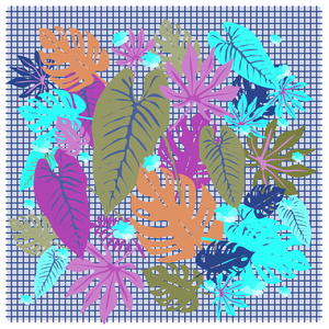 矢量图形热带树叶明亮的图案，充满活力的纹理在流行艺术风格，现代夏季背景全印。 叶叶